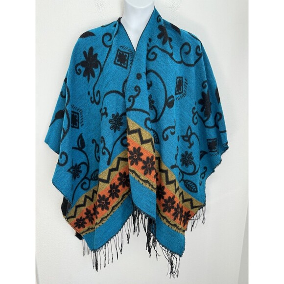 Poncho Wrap Boho Southwest Black Turquoise Reversible Fringe Trim Sz OS - Picture 4 of 4